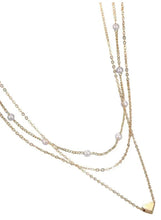 Triple-layer pearl choker necklace with gold-tone chains and small white pearl beads