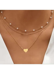 Mumzar triple layer pearl choker necklace with delicate gold chains and heart pendant