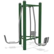 Green triple leg presser strength trainer with three foot platforms and handles
