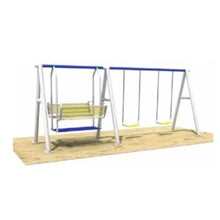 Triple swing set with metal frame, bench swing and two seat swings