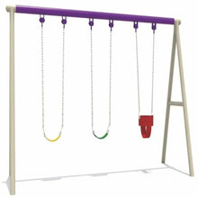 Triple swing set frame with purple top bar and three hanging seats on chains