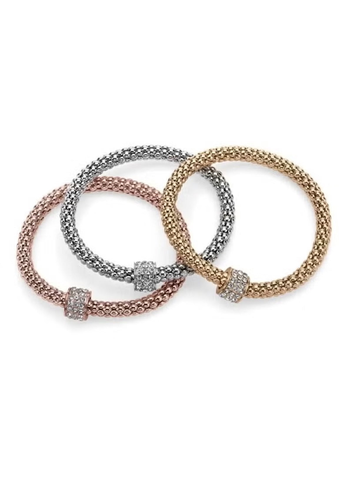 Huitich triple tone crystal bracelets set featuring gold, silver, and rose gold tones with crystal accents