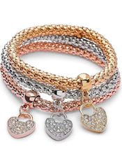 Huitich triple tone love charm bracelets with heart pendants in rose gold silver and gold tones