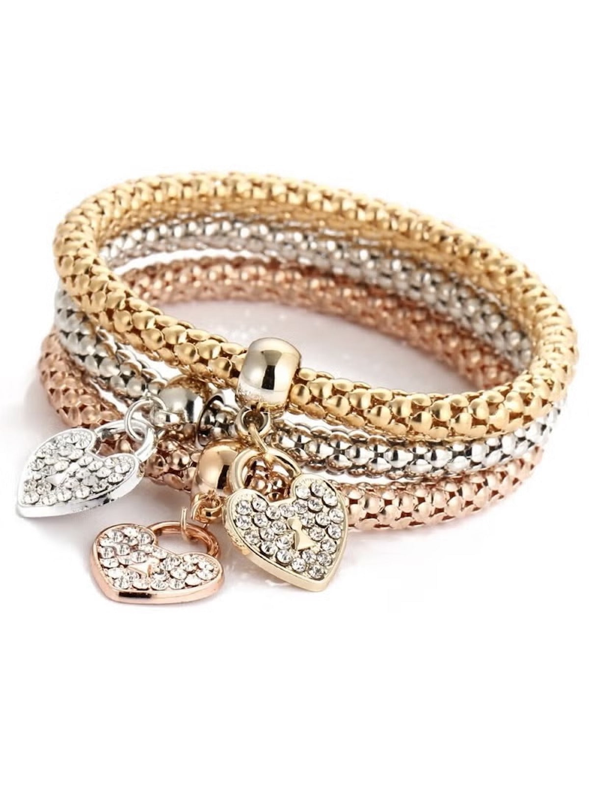 Huitich triple tone love charm bracelets featuring gold silver and rose gold hearts with rhinestones