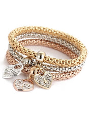 Huitich triple tone love charm bracelets featuring gold silver and rose gold hearts with rhinestones