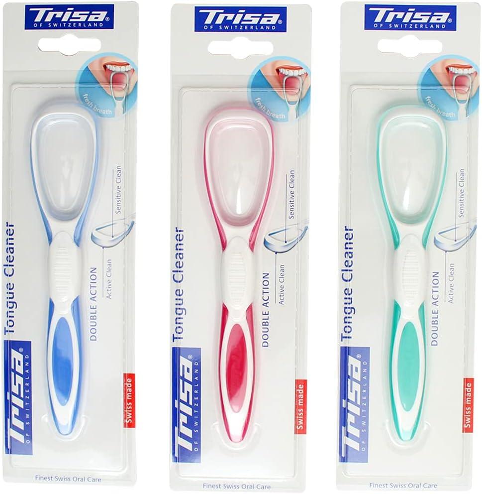 Trisa tongue cleaner packaging showing three double action models in blue pink and green for oral care