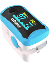 Fingertip pulse oximeter, blue casing, black display with SpO2 and heart rate
