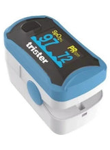 Pulse oximeter with blue side and black OLED screen showing SpO2 and pulse