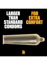 Lubricated large size condom, clear latex sleeve with rounded tip
