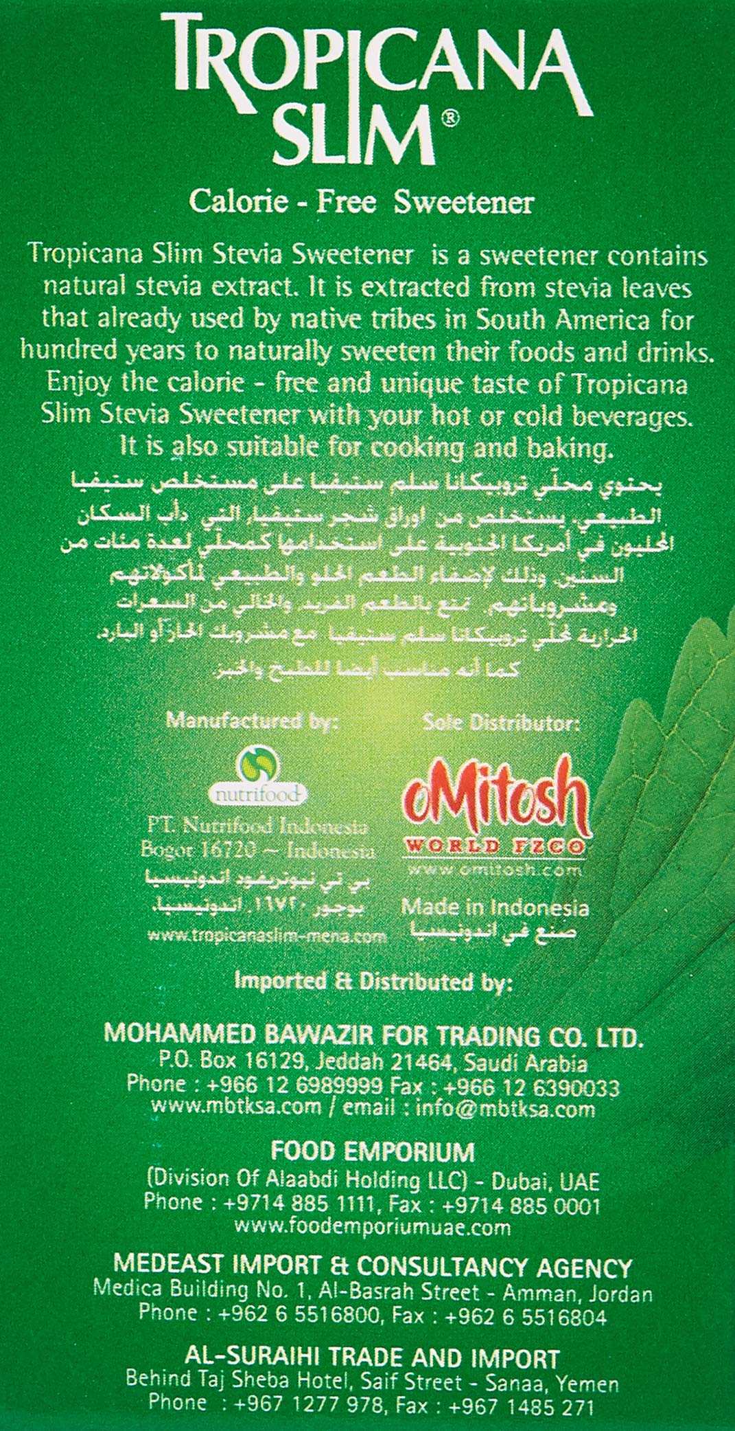 Back label of Tropicana Slim Stevia sweetener sticks. Shows product description nutrition and distributor information