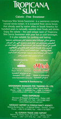 Back label of Tropicana Slim Stevia sweetener sticks. Shows product description nutrition and distributor information