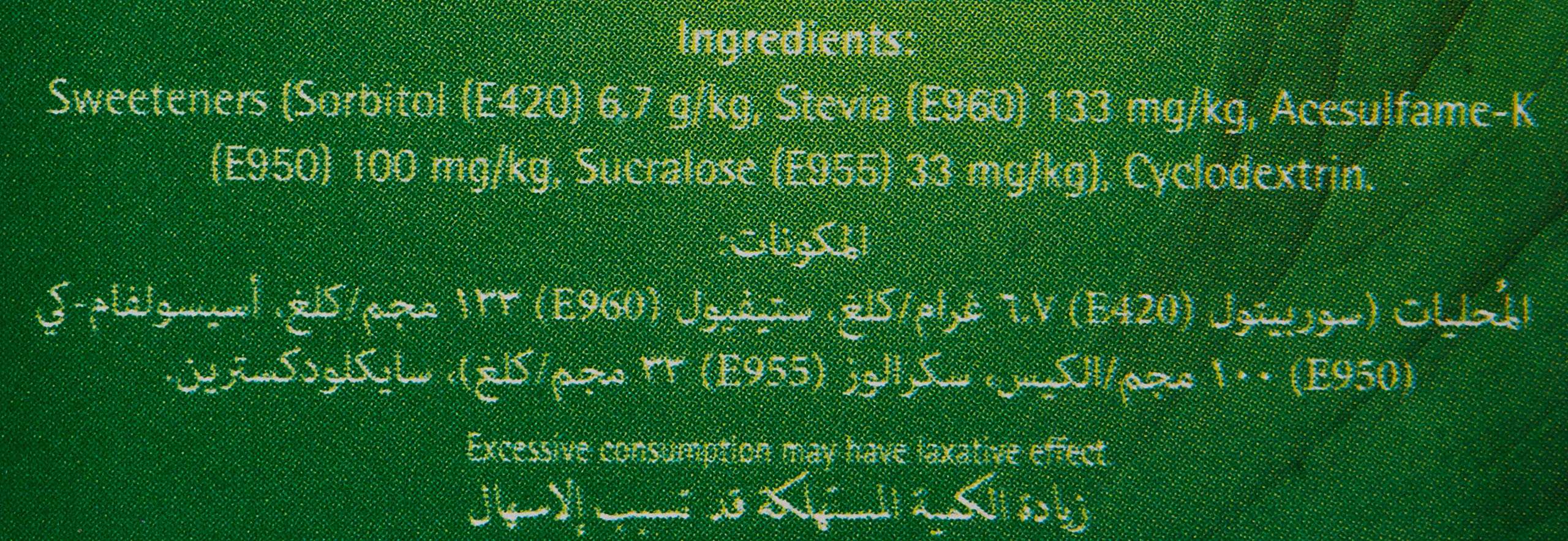 Tropicana Slim Stevia sweetener sticks green packaging ingredient list showing sweeteners and laxative warning