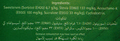 Tropicana Slim Stevia sweetener sticks green packaging ingredient list showing sweeteners and laxative warning