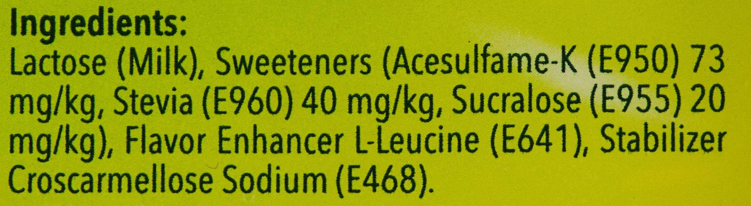 Tropicana Slim Stevia Sweetener Tablet ingredients label showing lactose and sweeteners like stevia sucralose acesulfame