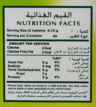 Nutrition facts label for sweetener tablets, 0 calories per serving