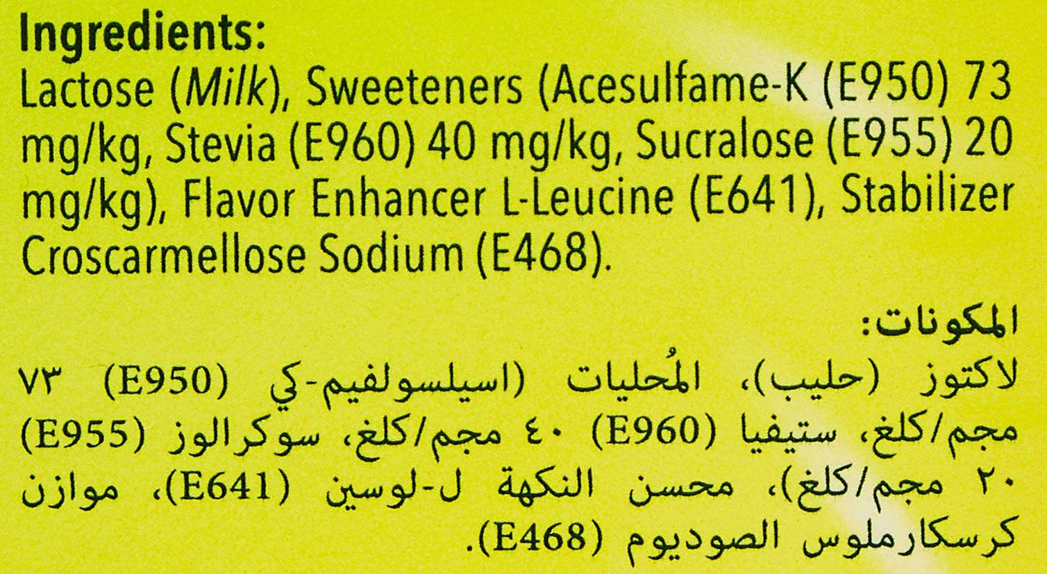 Tropicana Slim stevia tablets ingredient label showing lactose milk and sweeteners including stevia sucralose acesulfame