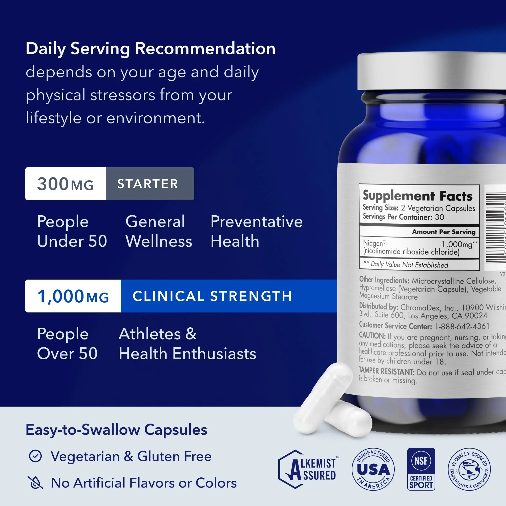 TRU NIAGEN NAD+ supplement in a blue bottle with 1000mg clinical strength for daily wellness