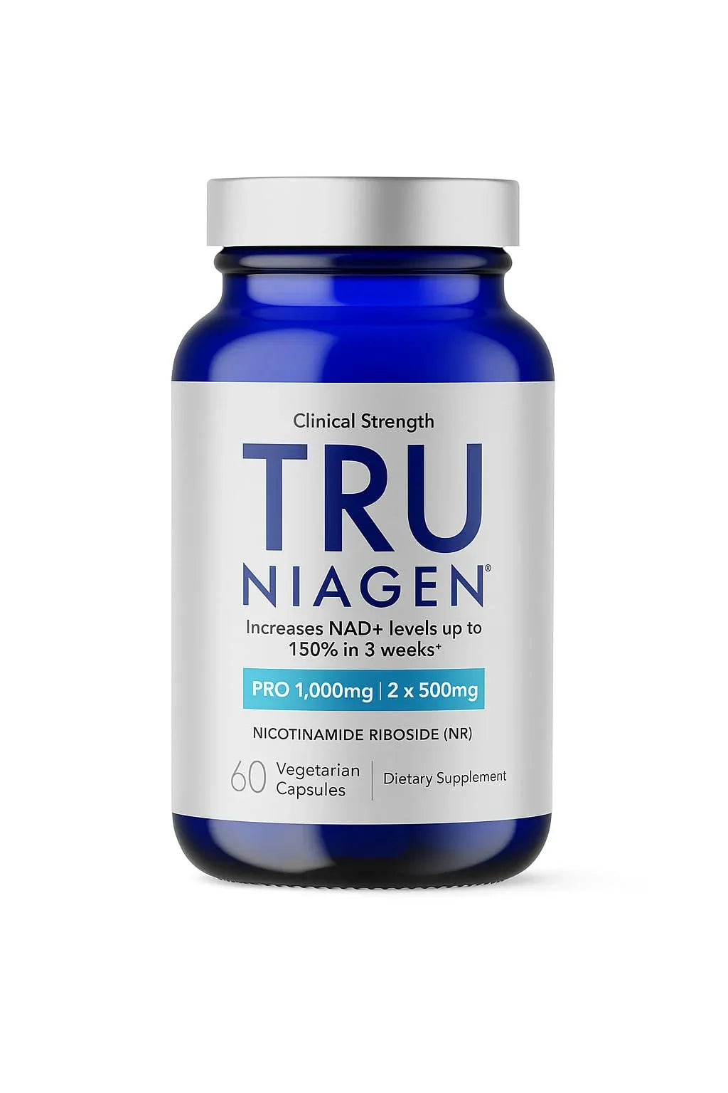 TRU NIAGEN NAD+ supplement in blue bottle with 60 vegetarian capsules for energy and cellular health