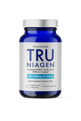 TRU NIAGEN NAD+ supplement in blue bottle with 60 vegetarian capsules for energy and cellular health