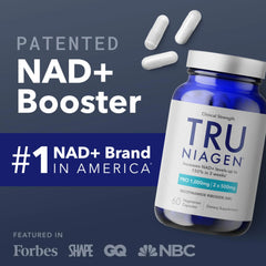 TRU NIAGEN NAD+ supplement bottle with 60 capsules, a patented NAD+ booster for enhanced energy