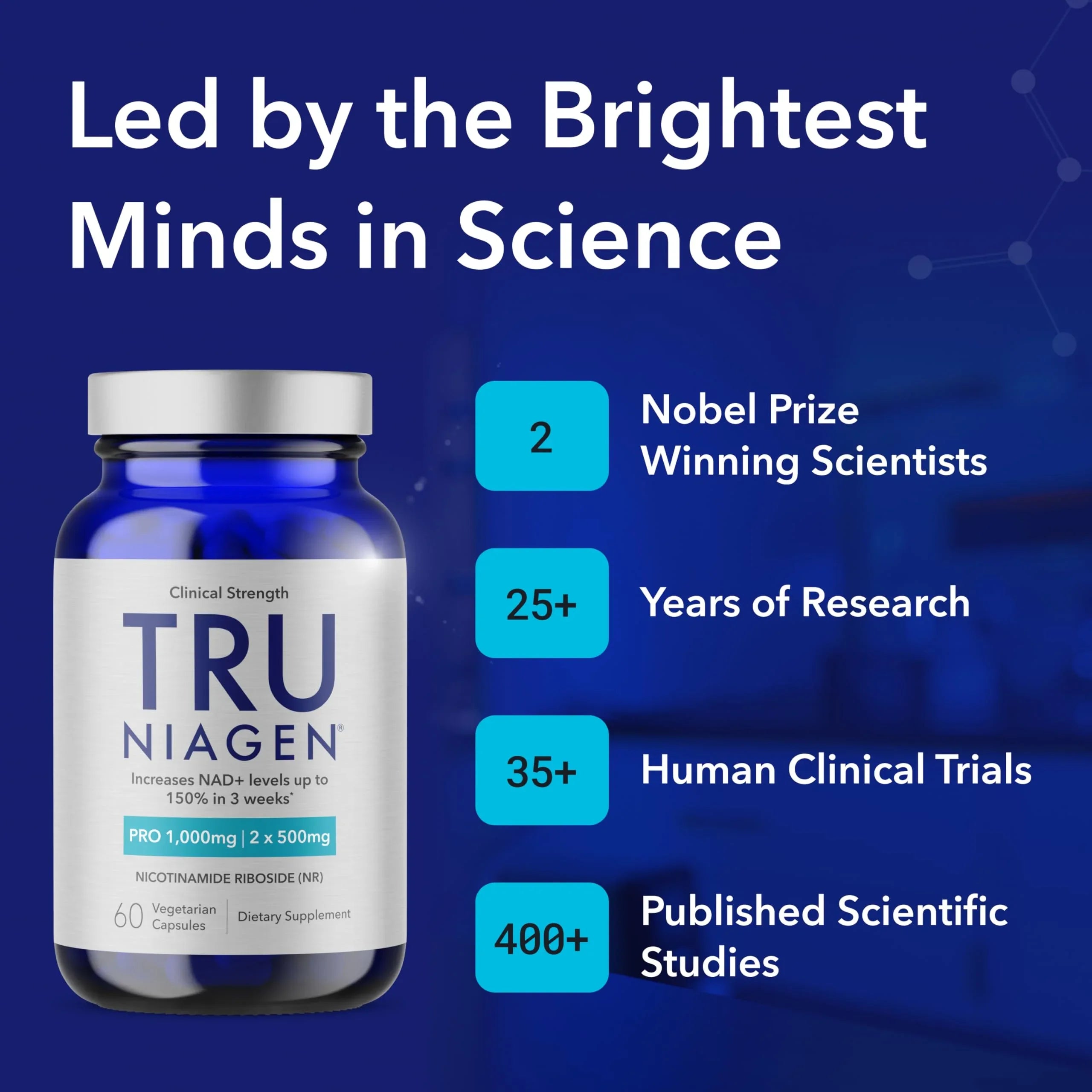 TRU NIAGEN NAD+ supplement bottle with clinical strength and highlights of scientific research and studies