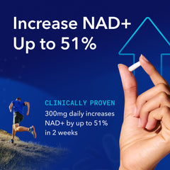 Hand holding white capsule with runner and arrow showing NAD increase up to 51 percent nicotinamide riboside capsules for energy