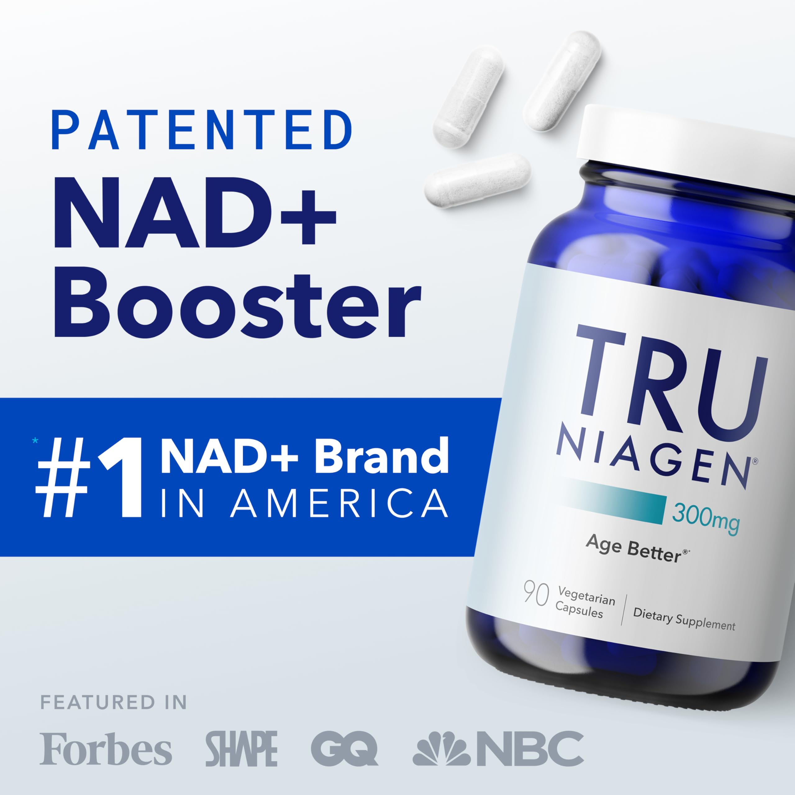 TRU NIAGEN blue supplement bottle with white capsules and label stating 300mg nicotinamide riboside capsules for energy