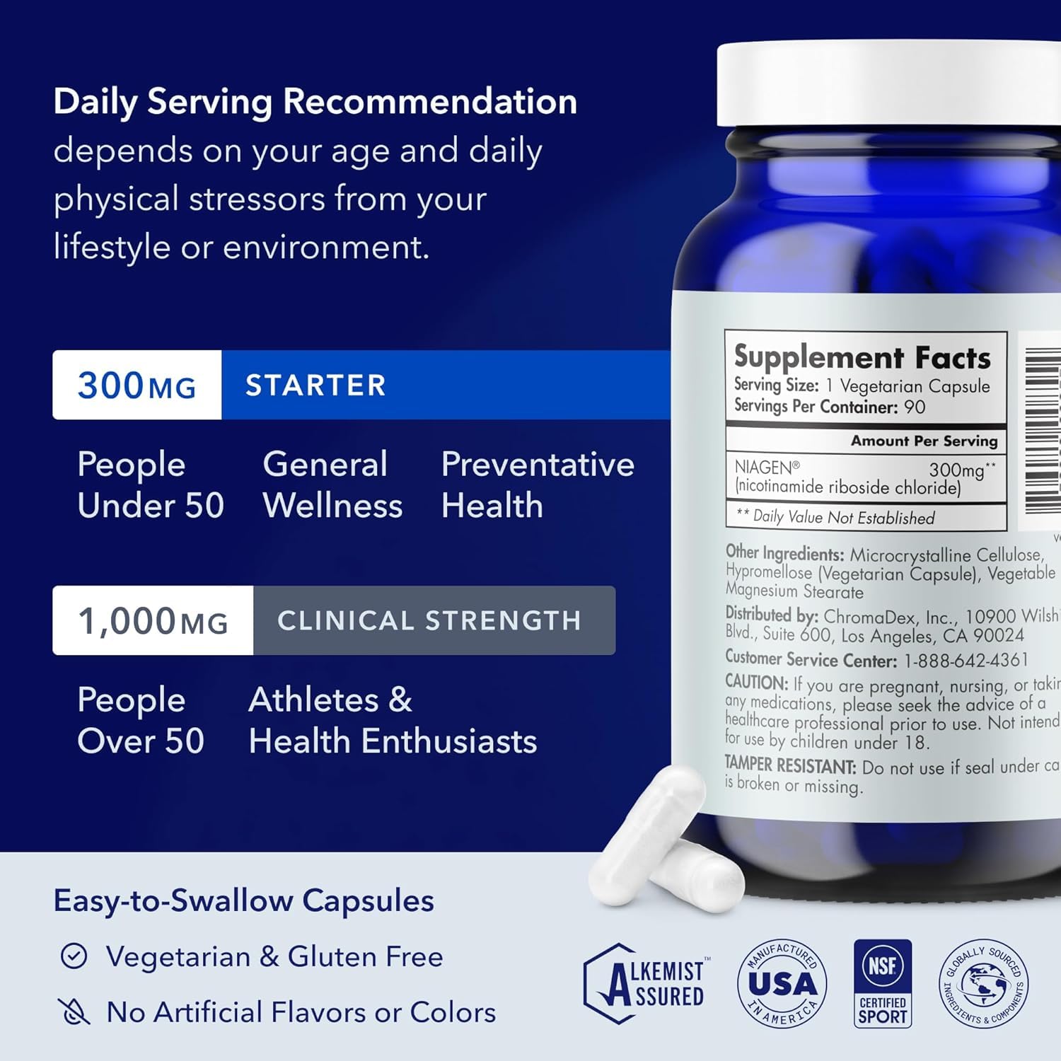 TRU NIAGEN supplement bottle and capsules with label showing 300mg and 1000mg options nicotinamide riboside capsules for energy