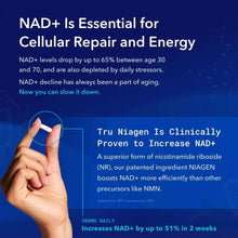 NAD+ supplement information panel with hand holding capsule icon