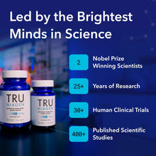 TRU NIAGEN NAD+ supplement bottles with science-themed text panel