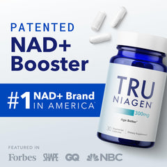 TRU NIAGEN 300mg bottle and capsules showing patented NAD plus booster top NAD brand and nicotinamide riboside supplement