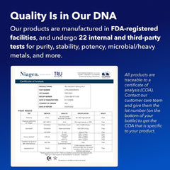 TRU NIAGEN nicotinamide riboside supplement marketing image showing Certificate of Analysis and FDA registered facilities claims