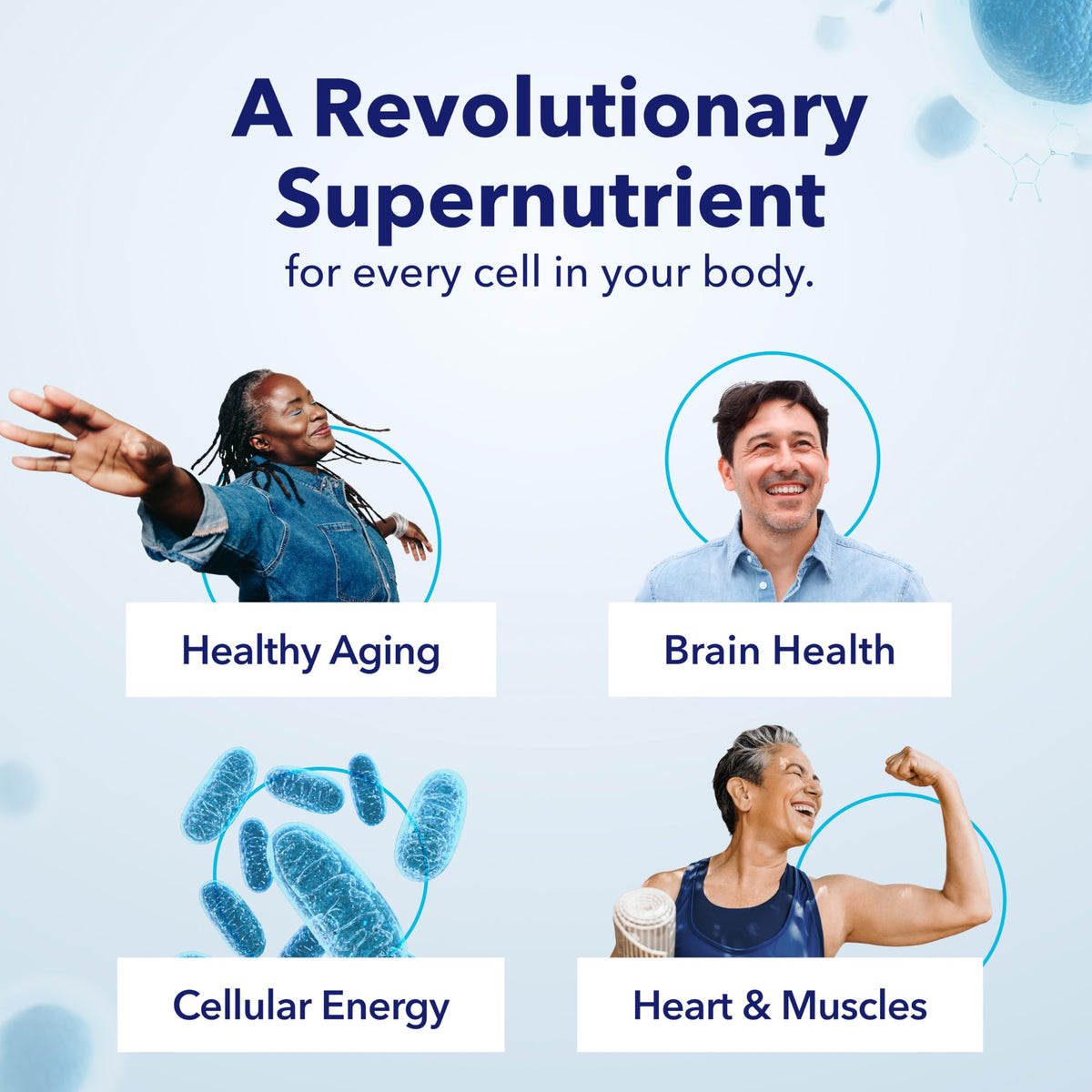 TRU NIAGEN nicotinamide riboside supplement ad showing healthy aging brain health cellular energy and heart and muscles benefits