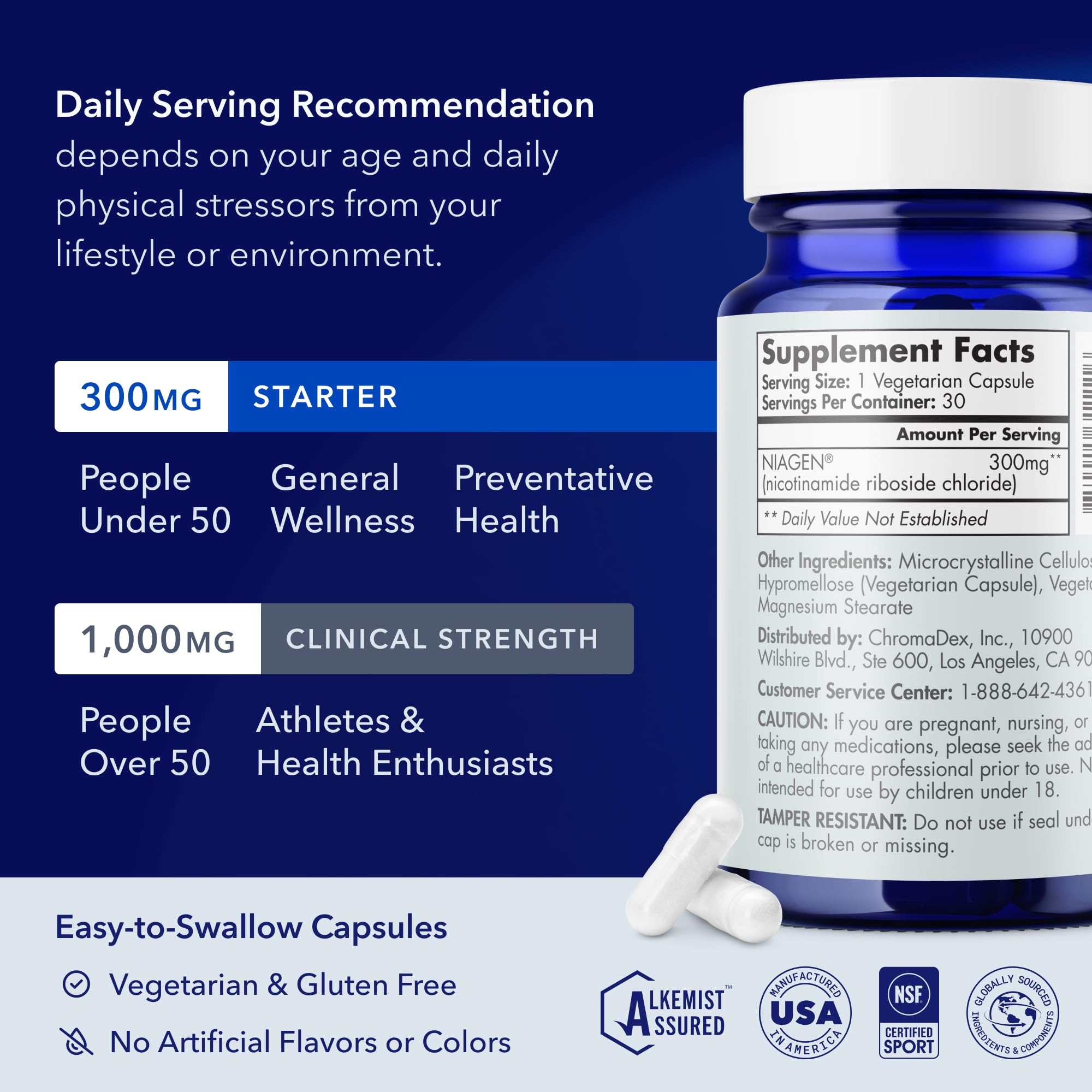 TRU NIAGEN blue bottle and capsules 300 mg starter and 1000 mg clinical nicotinamide riboside supplement
