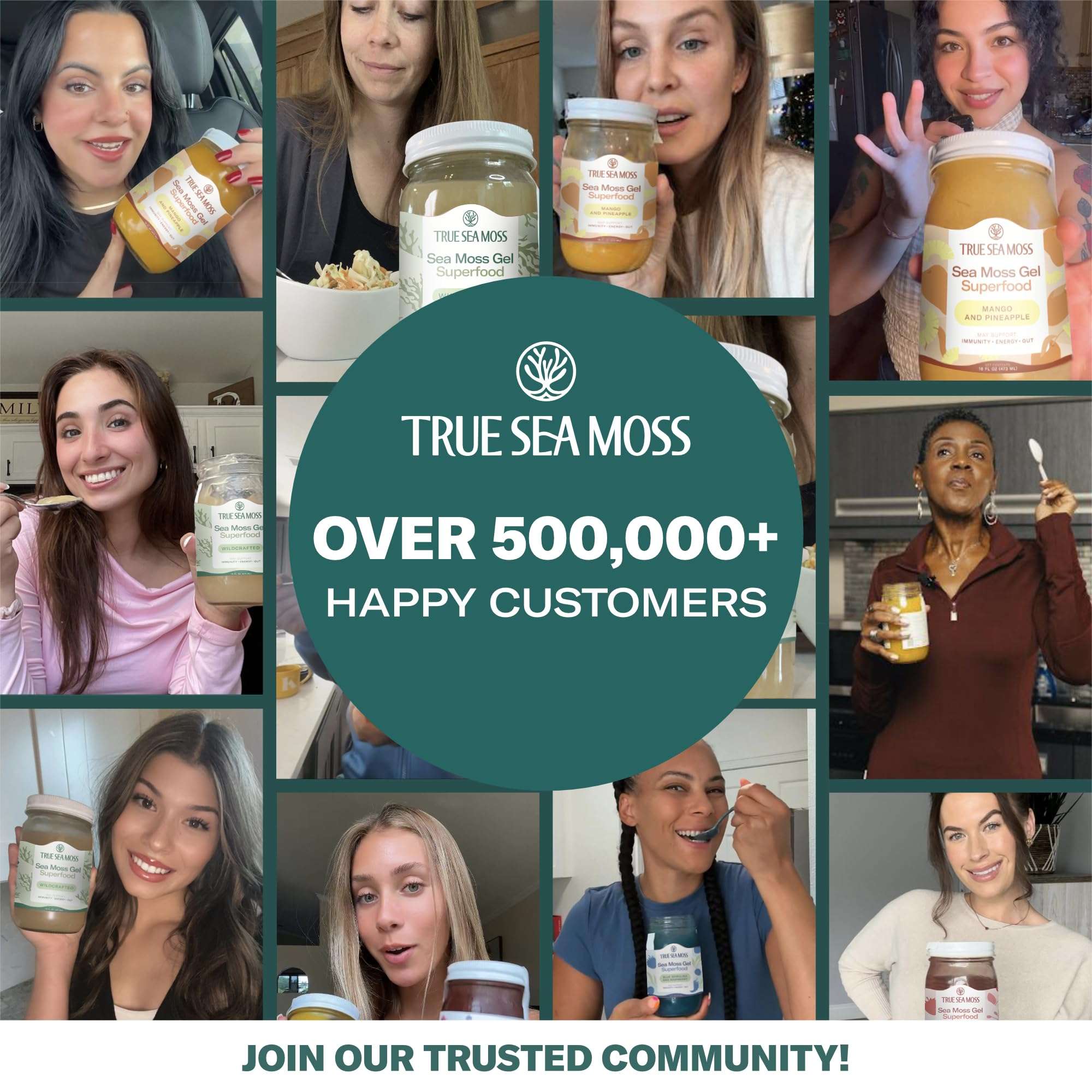 TrueSeaMoss collage of customers holding jars of sea moss gel mango pineapple with over 500000 happy customers