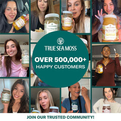 TrueSeaMoss collage of customers holding jars of sea moss gel mango pineapple with over 500000 happy customers