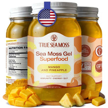 TrueSeaMoss sea moss gel superfood in mango pineapple, jar and fruit pieces