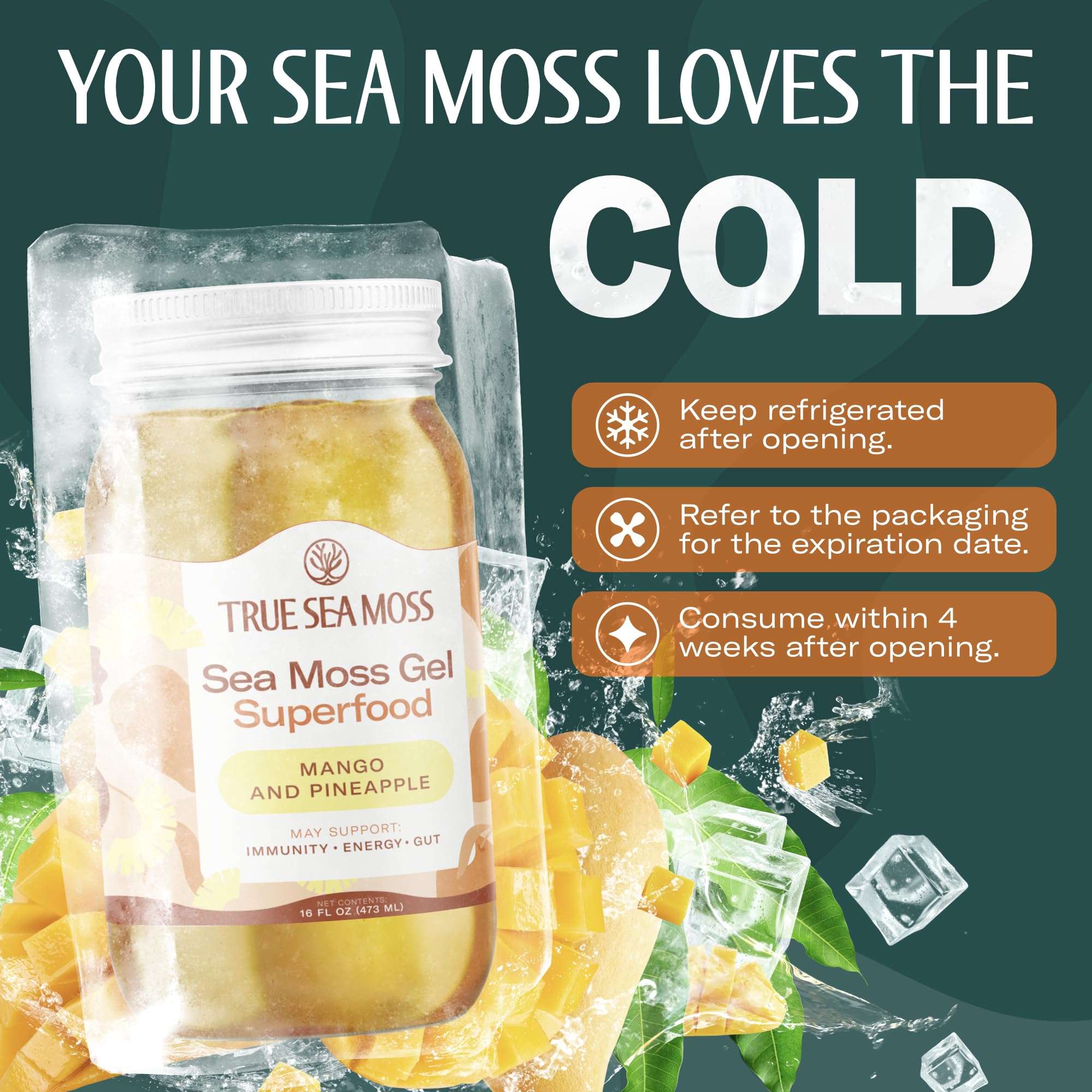 TrueSeaMoss jar of sea moss gel mango pineapple superfood with mango pineapple chunks and ice refrigerated