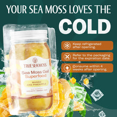 TrueSeaMoss jar of sea moss gel mango pineapple superfood with mango pineapple chunks and ice refrigerated