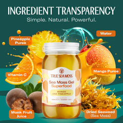 TrueSeaMoss sea moss gel mango pineapple jar with mango and pineapple puree and dried seaweed