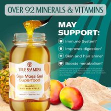 Sea moss gel superfood jar with mango fruit and mineral vitamins text graphic