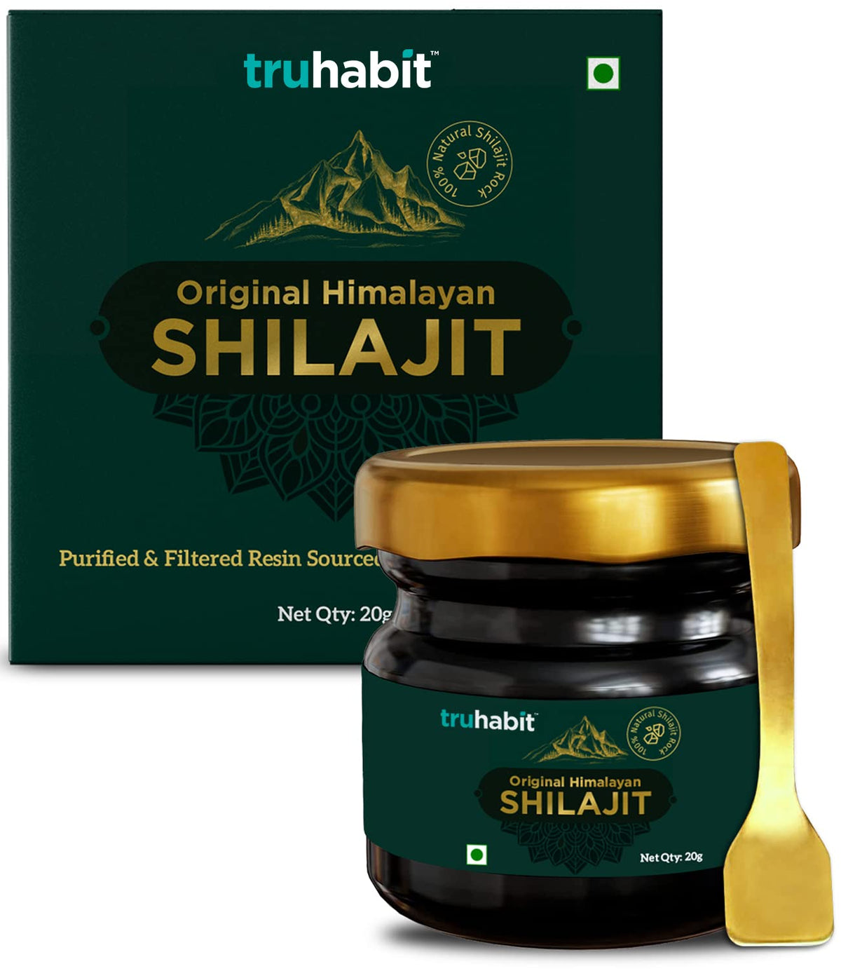 TruHabit Original Himalayan Shilajit 20g jar and box with gold spoon purified resin Himalayan shilajit resin UAE
