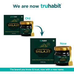 TruHabit Original Himalayan Shilajit jar and box showing old to new packaging rebrand Himalayan shilajit resin UAE