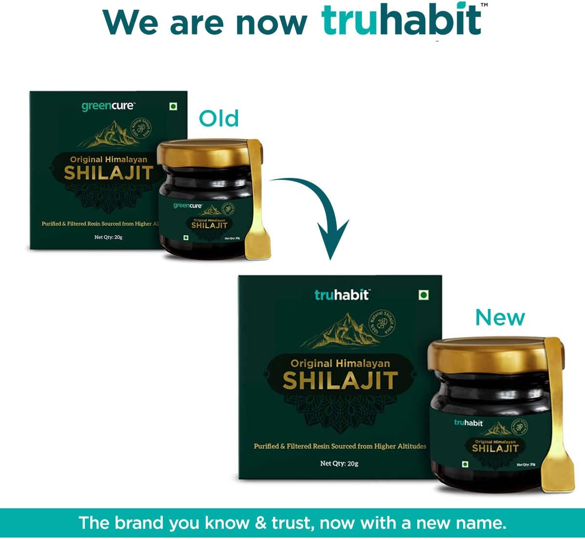TruHabit original shilajit resin jar and box showing rebrand from Greencure with gold spoon Himalayan shilajit resin UAE