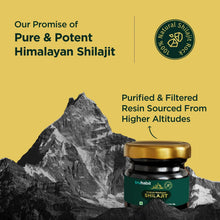 Shilajit resin jar with gold lid and green label beside mountain graphic