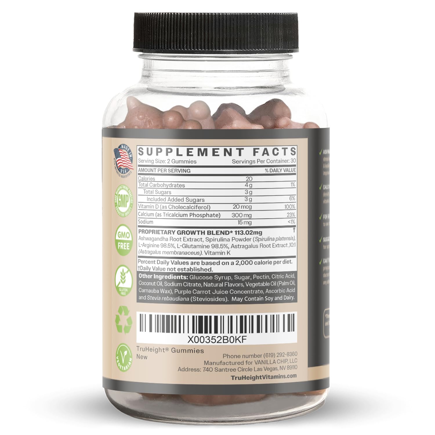 TruHeight supplement bottle with pink gummies and supplement facts label height growth gummies for kids