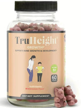 Height growth supplement gummies bottle with TruHeight front label and dark cap