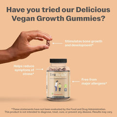 TruHeight vegan bottle of height growth gummies for kids with hand holding a gummy and benefit callouts