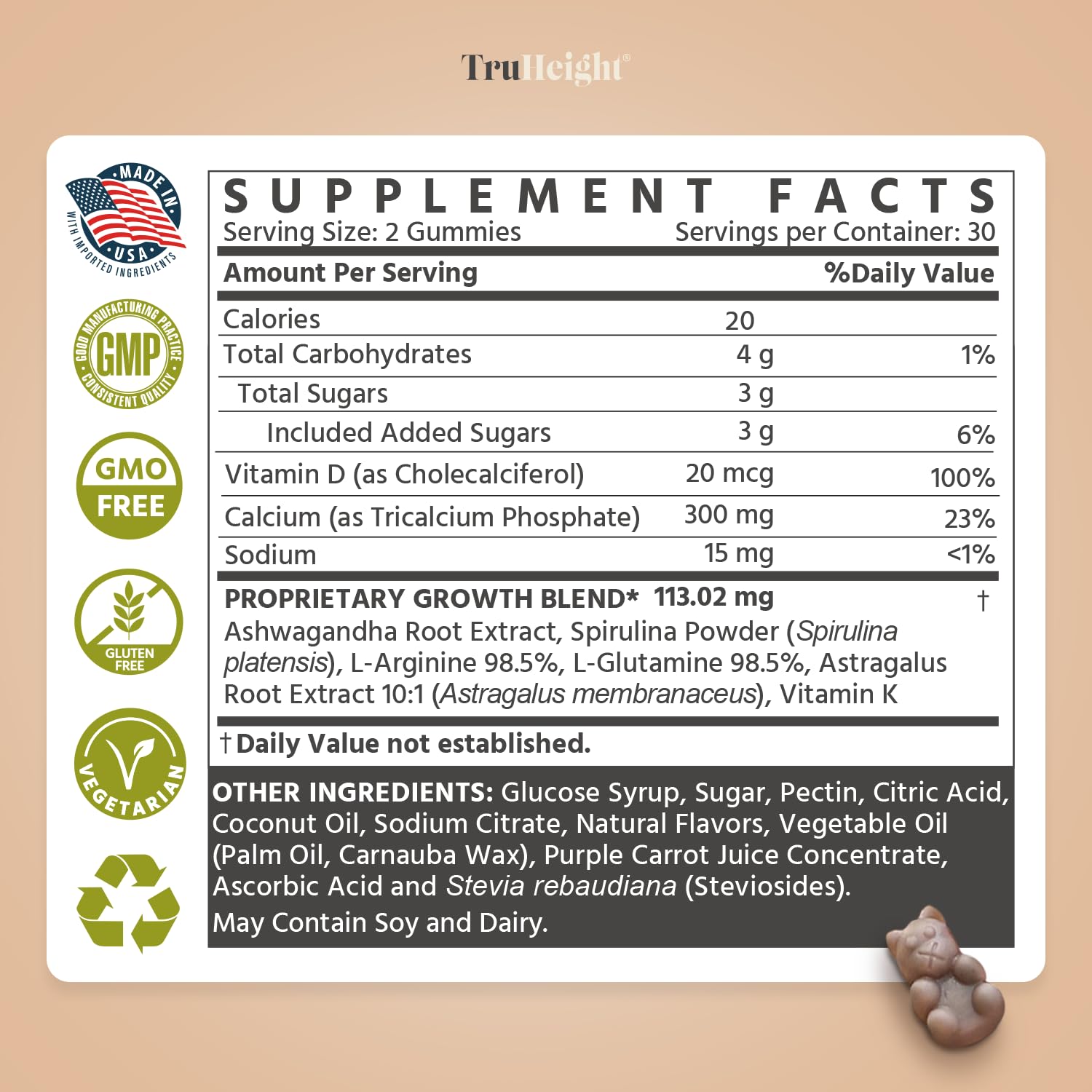 TruHeight supplement facts label with ingredients panel and few brown gummies showing serving size height growth gummies for kids
