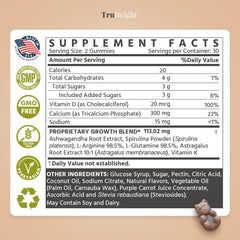 TruHeight supplement facts label with ingredients panel and few brown gummies showing serving size height growth gummies for kids